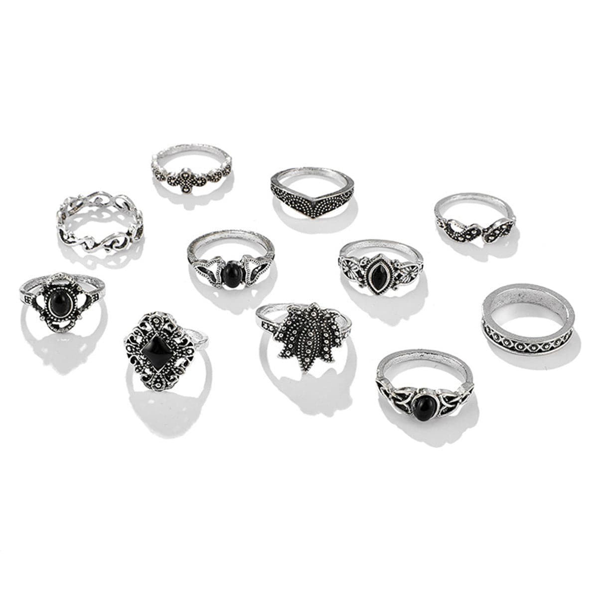 Black Resin & Silver-Plated Lotus Ring Set