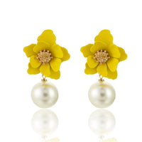Yellow & Imitation Pearl Flower Drop Earrings
