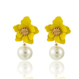 Yellow & Imitation Pearl Flower Drop Earrings