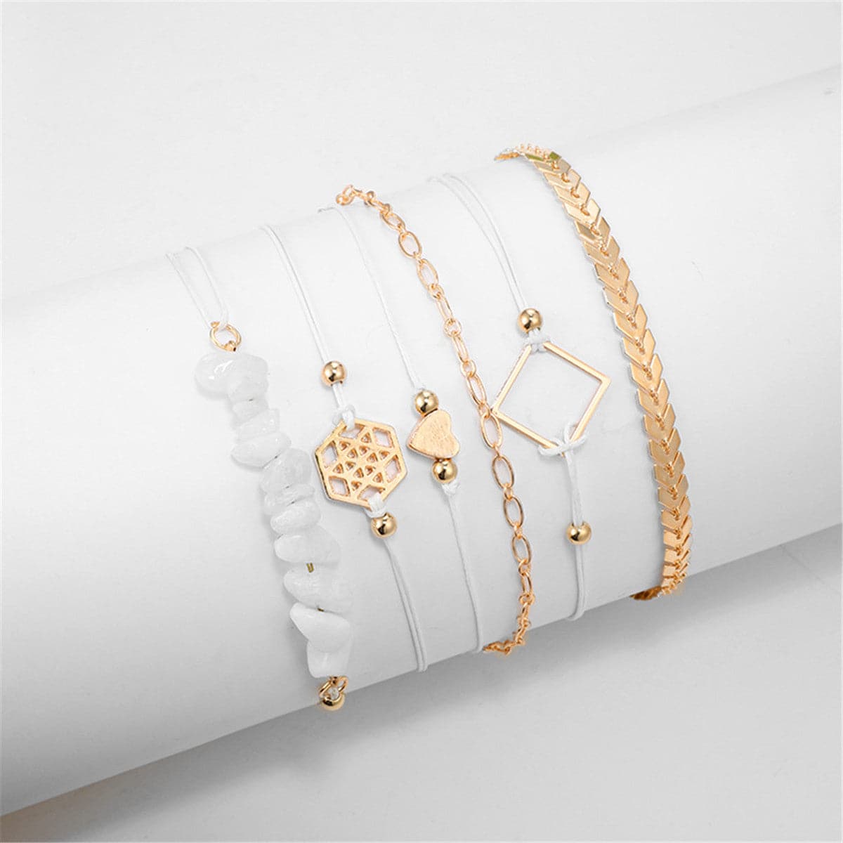 White Resin and 18K Gold-Plated Geometric Charm Bracelet Set, jewelry gift sets for women, styled look