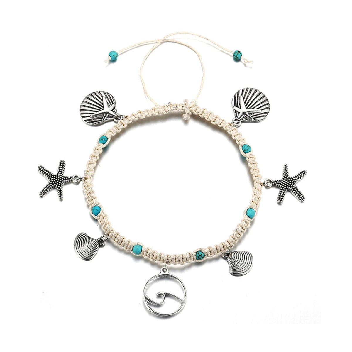 Turquoise & Silver-Plated Starfish Charm Anklet