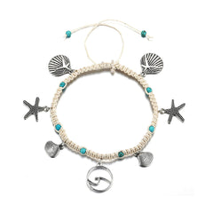 Turquoise & Silver-Plated Starfish Charm Anklet