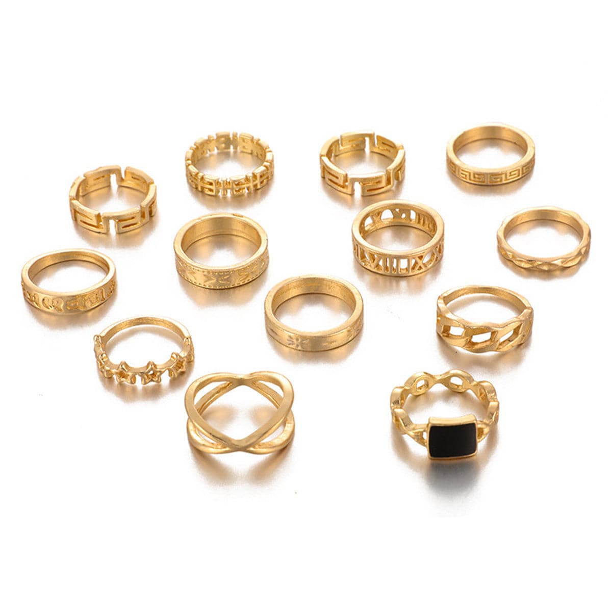 Black Enamel and 18K Gold-Plated Square Openwork-Band Ring Set, jewelry gift sets for women, detail close-up