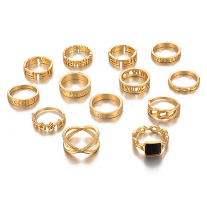 Black Enamel and 18K Gold-Plated Square Openwork-Band Ring Set, jewelry gift sets for women, detail close-up