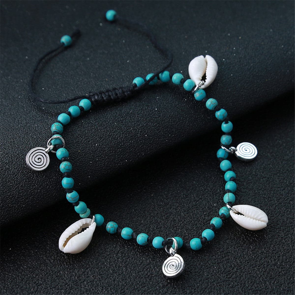 Turquoise & Silver-Plated Shell Adjustable Anklet