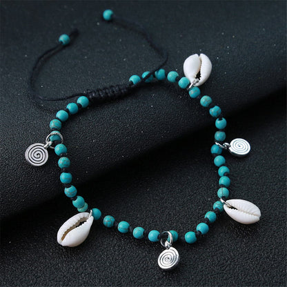 Turquoise & Silver-Plated Shell Adjustable Anklet