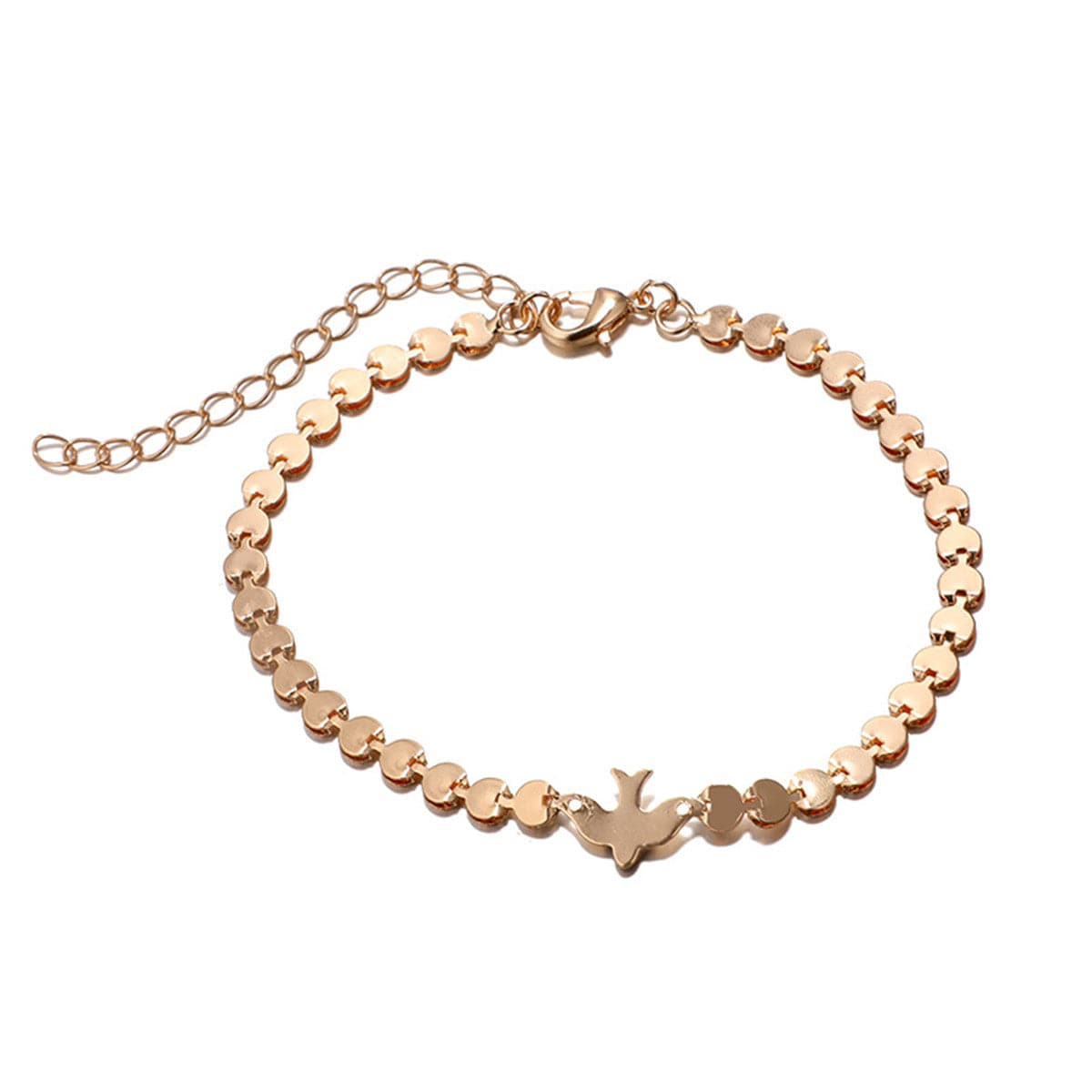 Dazzling 18K gold-plated bracelet featuring a bird and heart charm, combining elegance and playfulness in one stunning piece.