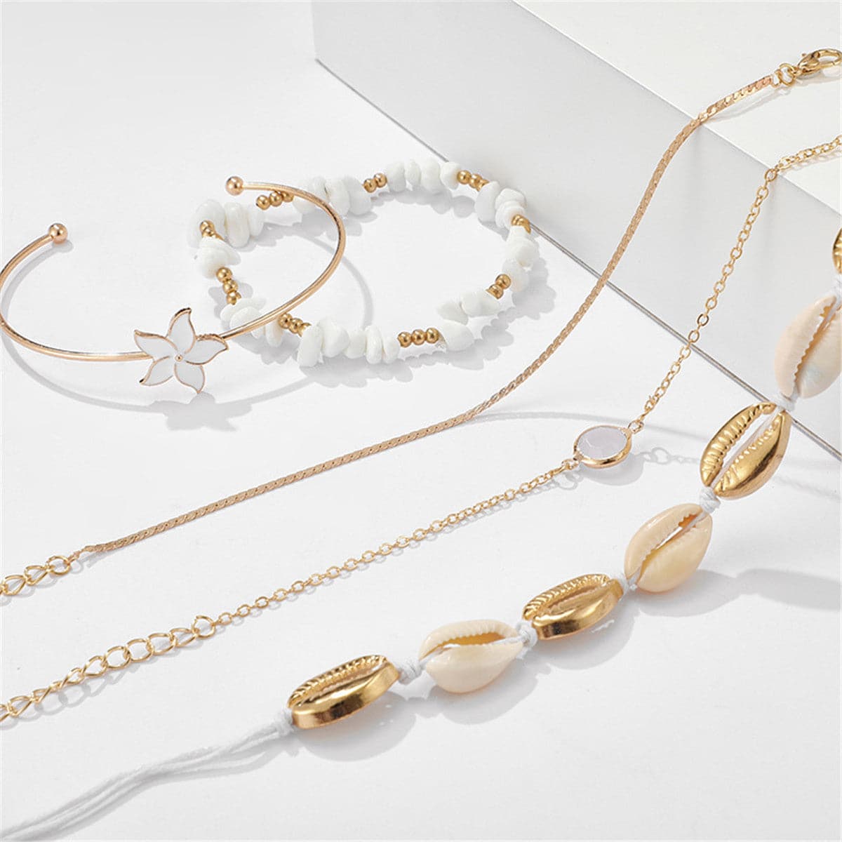 White Shell & 18K Gold-Plated Charm Bracelet Set