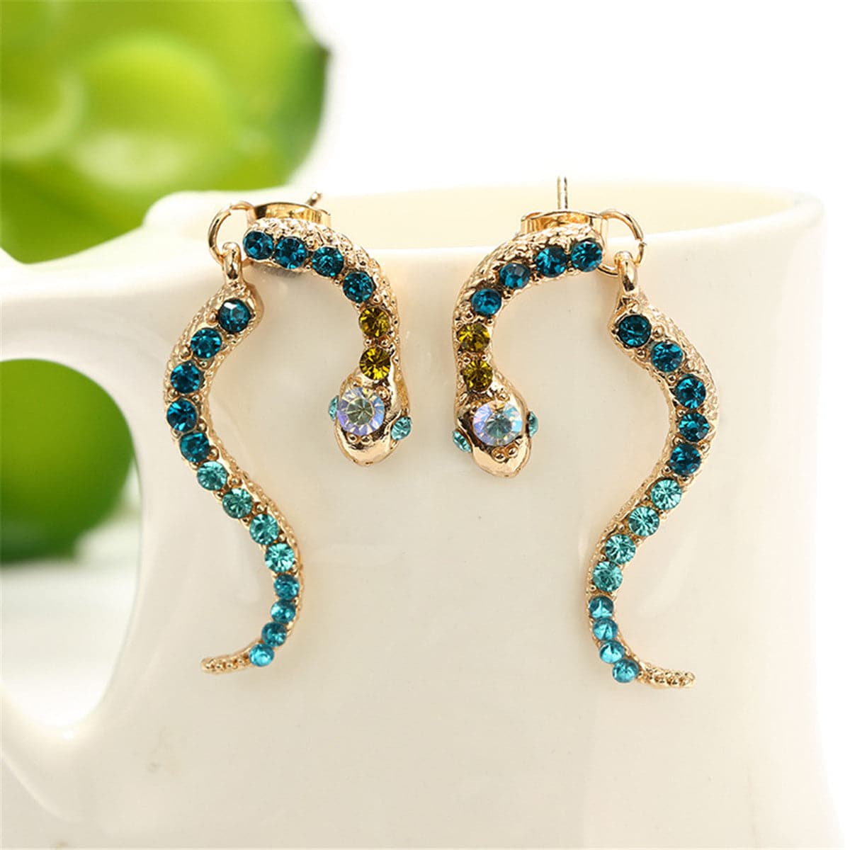 Blue Cubic Zirconia and 18K Gold-Plated Snake Drop Earrings, gold drop earrings for women, botanical inspired, lifestyle look