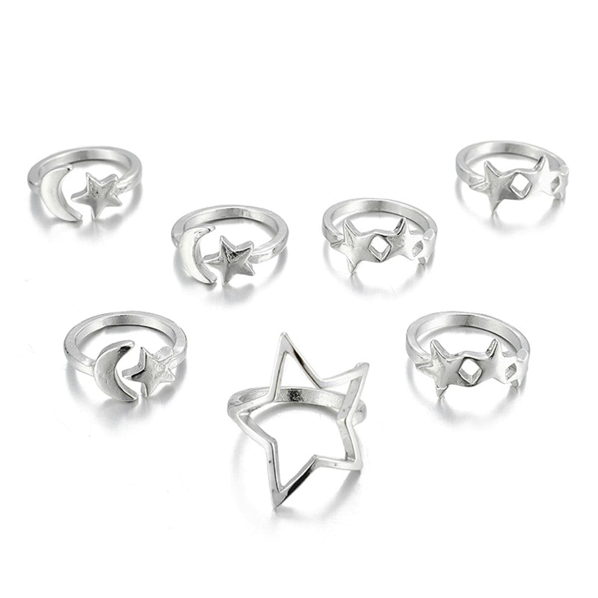 Silver-Plated Star & Moon Stackable Ring Set