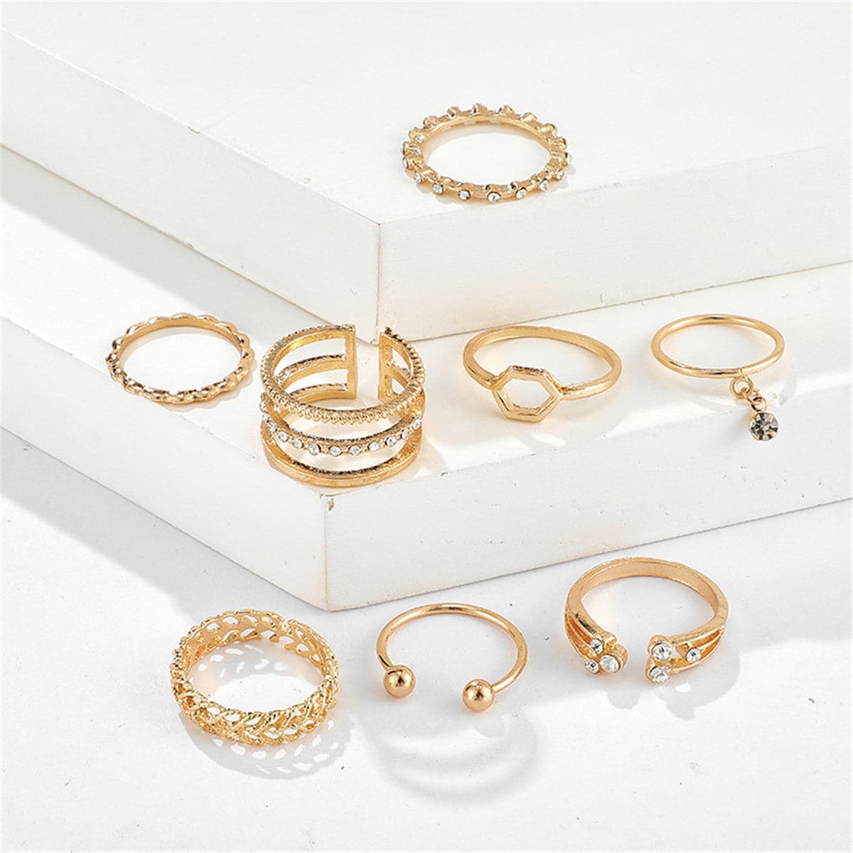 Cubic Zirconia & 18K Gold-Plated Openwork Octagon Ring Set