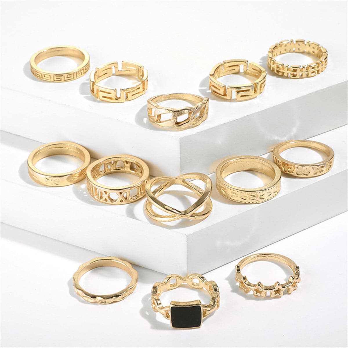 Black Enamel & 18K Gold-Plated Square Openwork-Band Ring Set