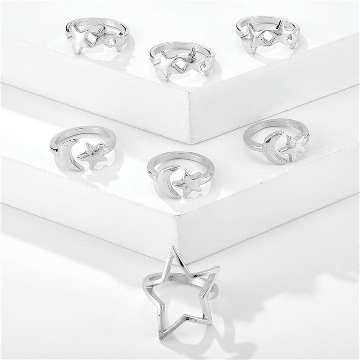Silver-Plated Star & Moon Stackable Ring Set