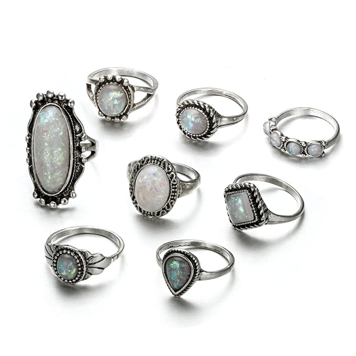 Iridescent and Silver-Plated Long Oval Ring Set, jewelry gift sets for women, elegant gift for her, styled look