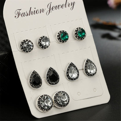 Green Crystal and Silver-Plated Stud Earrings Set, silver stud earrings for women, vintage-inspired design, lifestyle look