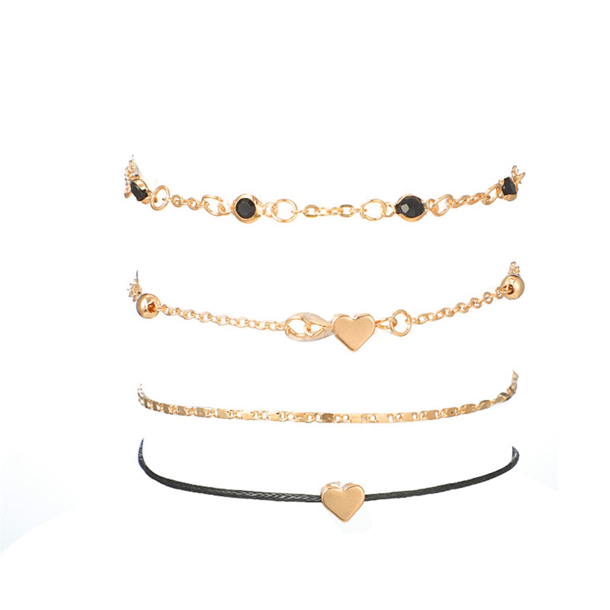 Black Cubic Zirconia & 18K Gold-Plated Bead Heart Bracelet Set