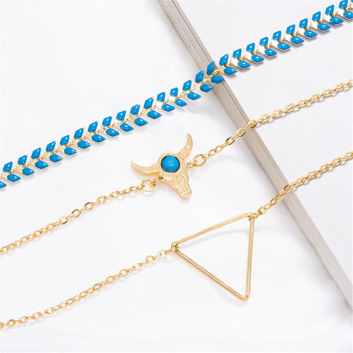 Blue Enamel & 18K Gold-Plated Long Horn Charm Bracelet Set