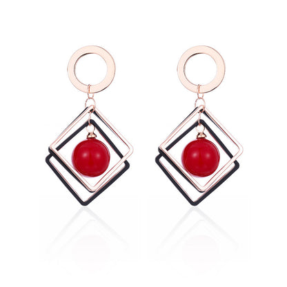 Red Pearl and 18K Rose Gold-Plated Rhombus Drop Earrings, rose gold drop earrings for women, elegant gift for her, side view