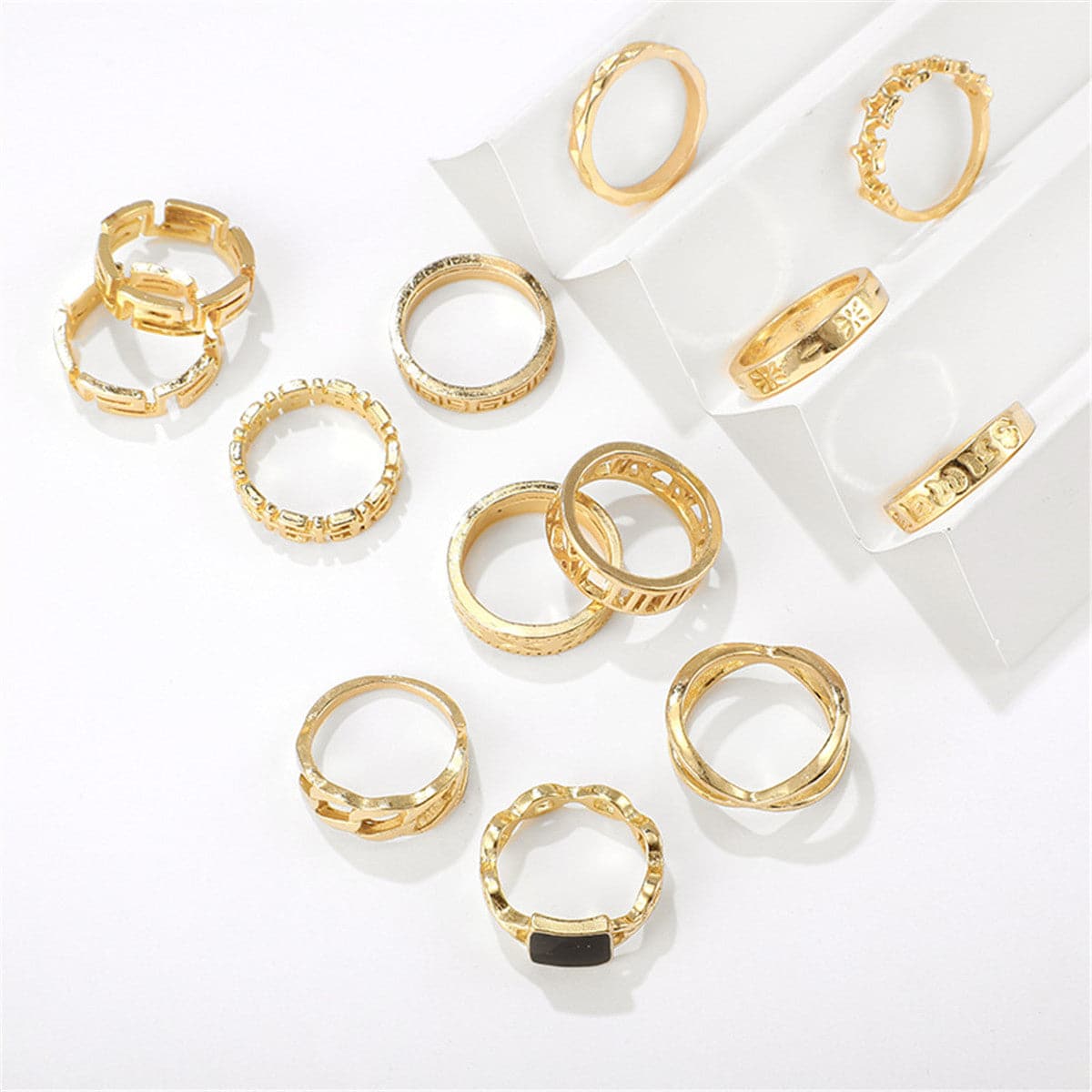 Black Enamel & 18K Gold-Plated Square Openwork-Band Ring Set
