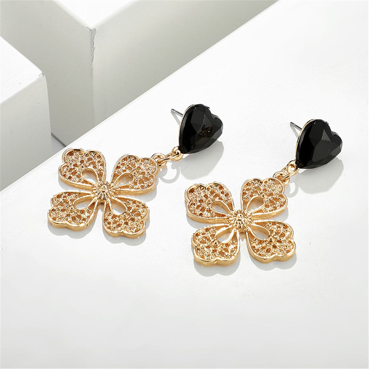 Black Crystal & 18K Gold-Plated Filigree Heart Floral Drop Earrings