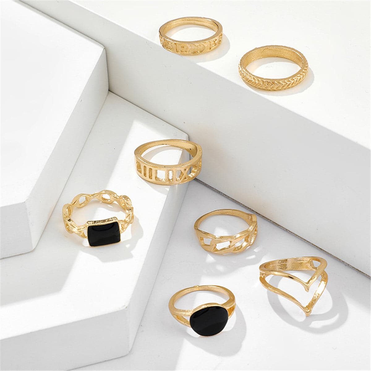 Black & 18K Gold-Plated Oval Double-Band Ring Set