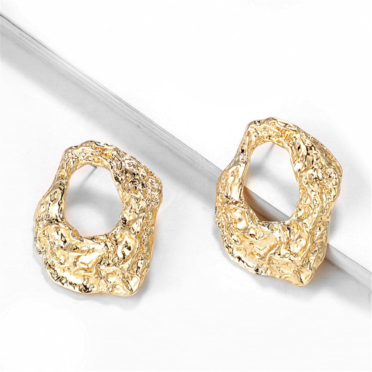 18K Gold-Plated Wrinkled Geometry Hoop Drop Earrings, gold stud earrings for women, elegant gift for her, detail close-up
