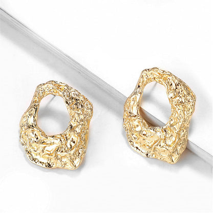 18K Gold-Plated Wrinkled Geometry Hoop Drop Earrings, gold stud earrings for women, elegant gift for her, detail close-up