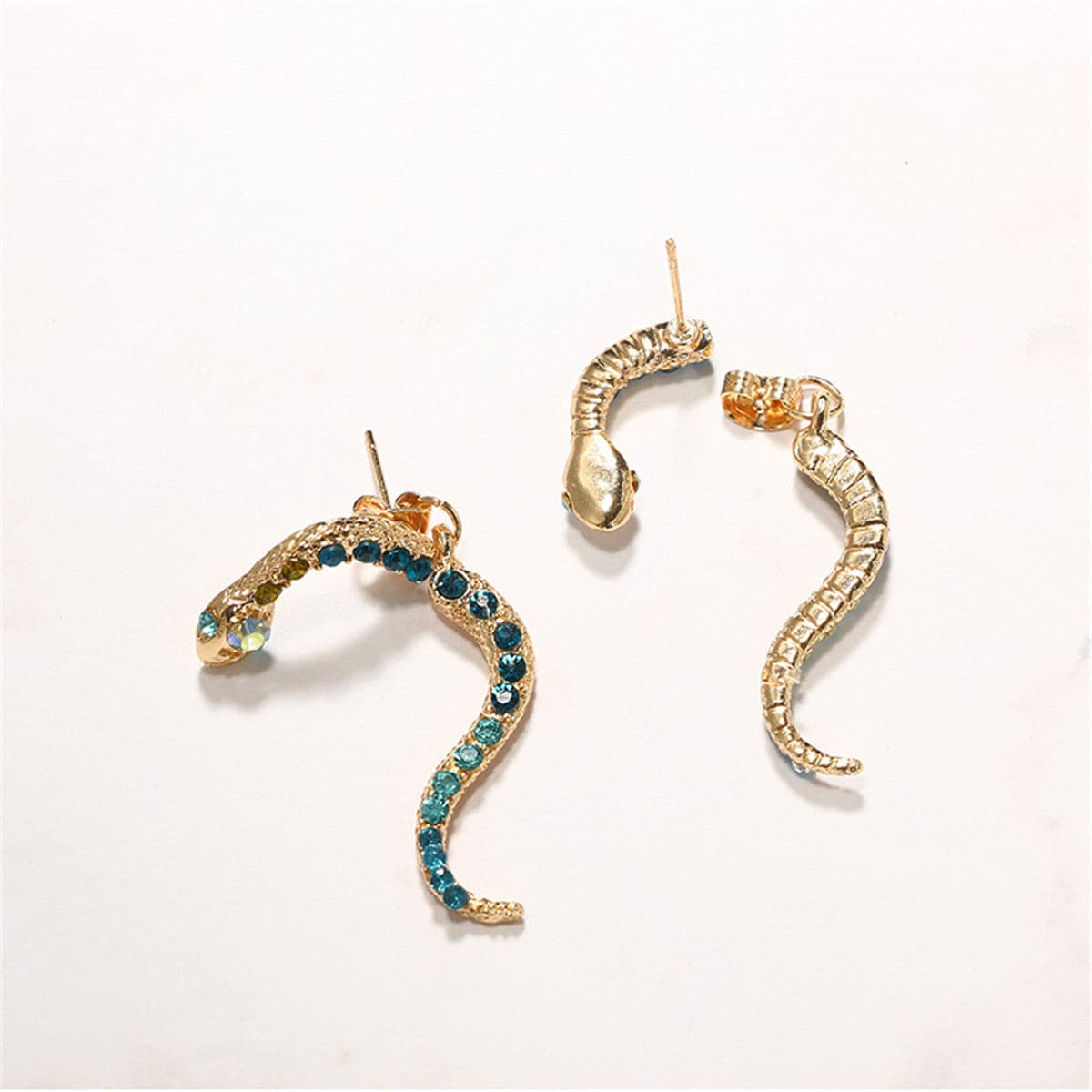 Blue Cubic Zirconia and 18K Gold-Plated Snake Drop Earrings, gold drop earrings for women, botanical inspired, styled look