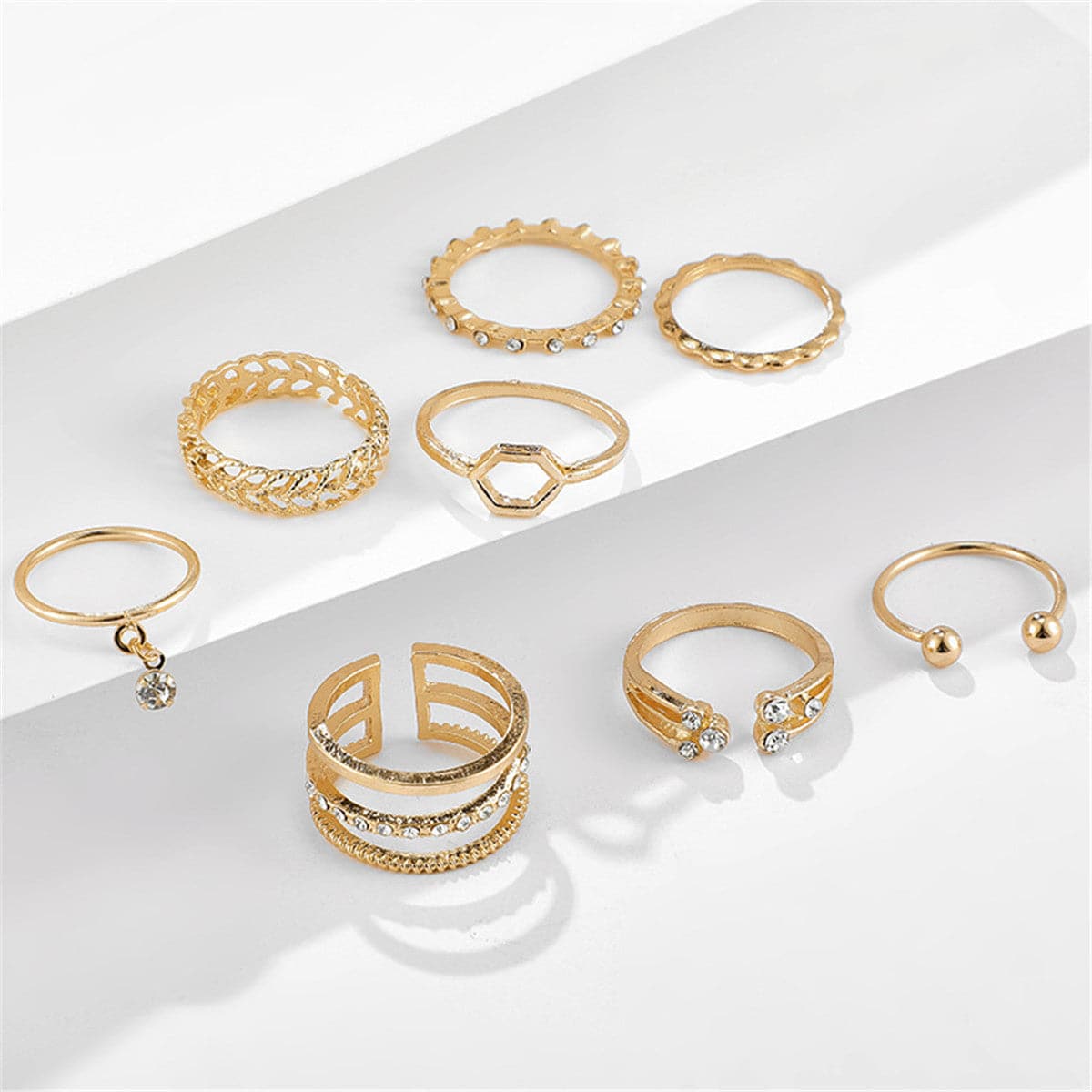 Cubic Zirconia & 18K Gold-Plated Openwork Octagon Ring Set