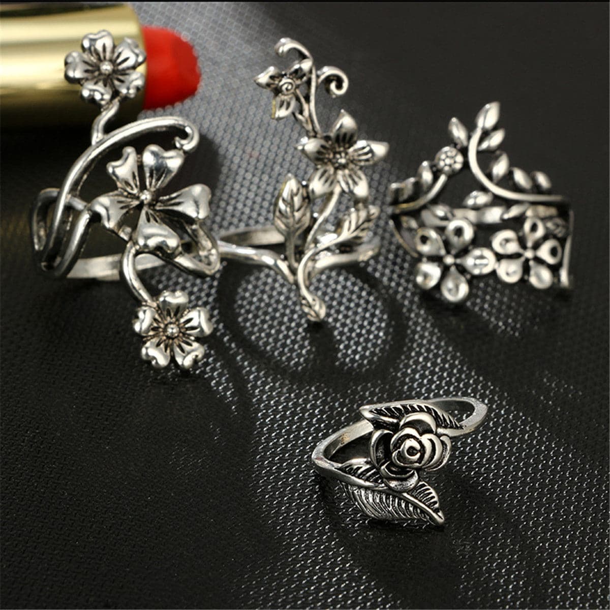 Silver-Plated Floral Leaf Ring Set