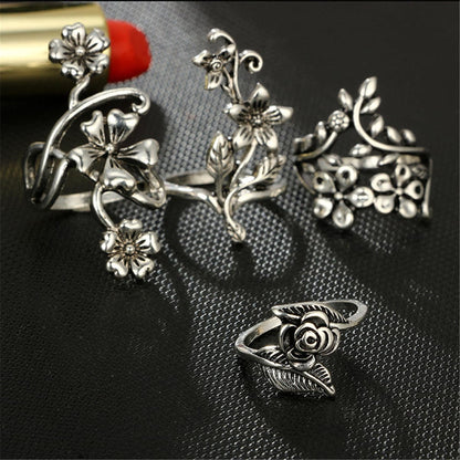 Silver-Plated Floral Leaf Ring Set