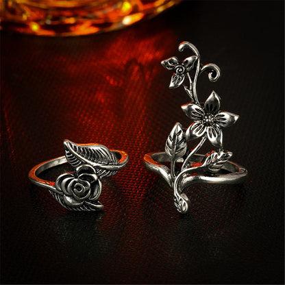 Silver-Plated Floral Leaf Ring Set