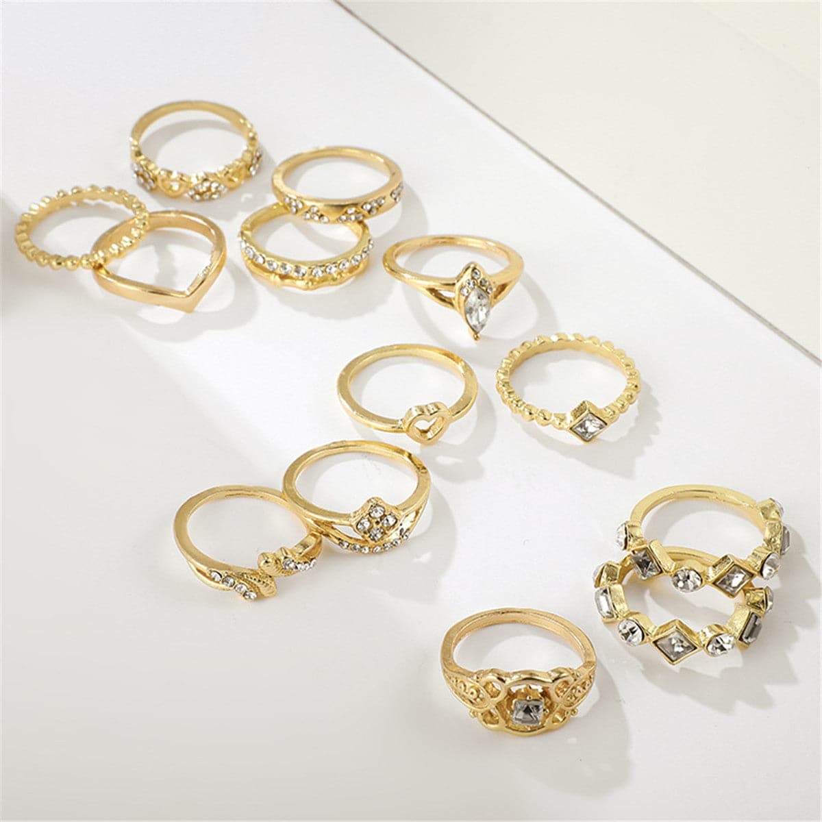 Cubic Zirconia & 18K Gold-Plated Open Alternating Heart Ring Set