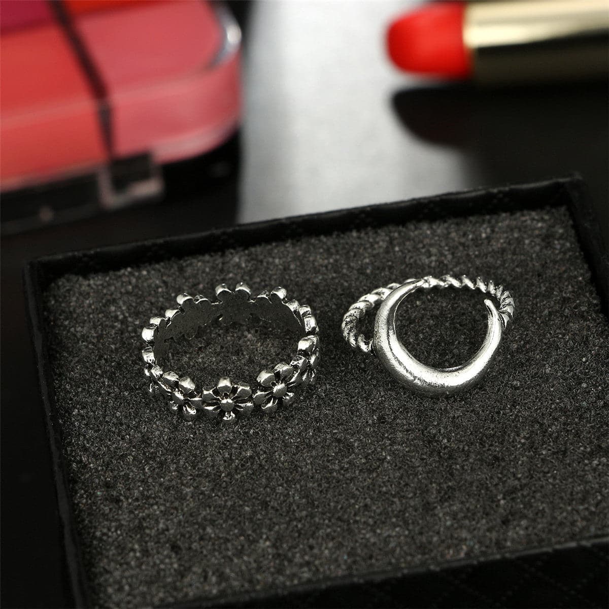 Cubic Zirconia & Silver-Plated Lotus Flower Ring Set