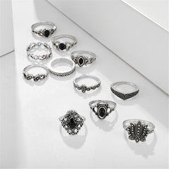 Black Resin & Silver-Plated Lotus Ring Set