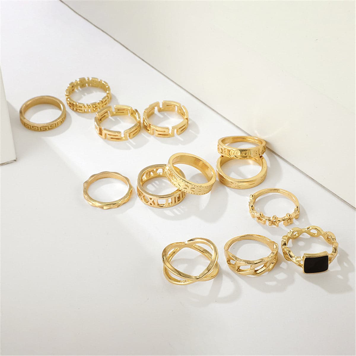 Black Enamel & 18K Gold-Plated Square Openwork-Band Ring Set
