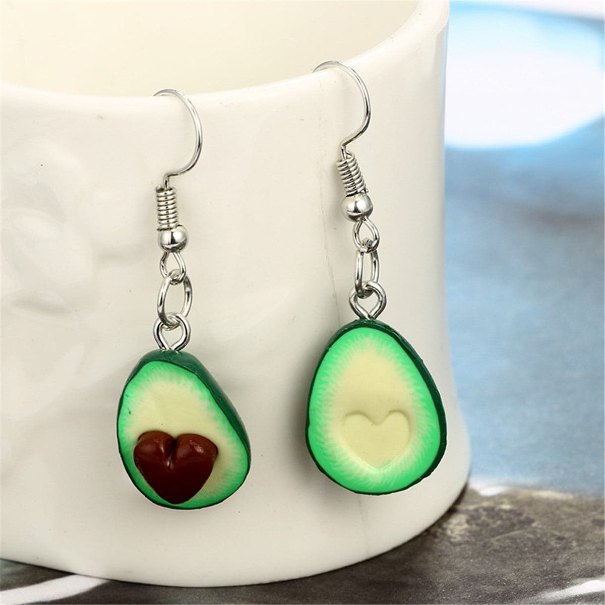 Green & Silver-Plated Avocado Heart Drop Earrings