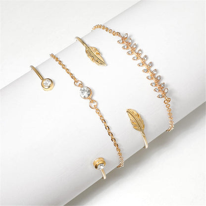 Cubic Zirconia and 18K Gold-Plated Leaf Charm Bracelet Set, gold bracelet for women, dainty minimalist design, styled look