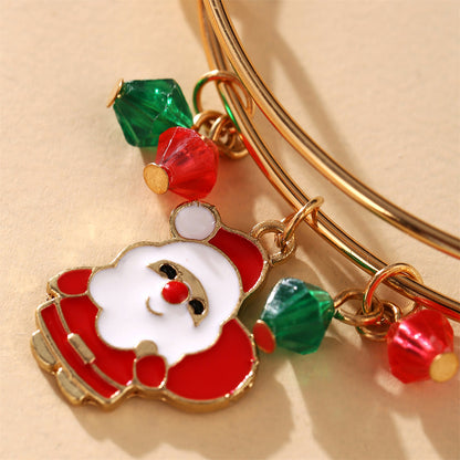Green and Red Beaded Santa Adjustable Charm Bangle, bangle bracelet, vintage-inspired design, detail close-up