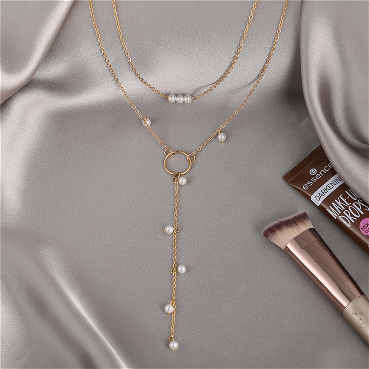 Pearl and 18K Gold-Plated Lariat Necklace, gold pendant necklace for women, dainty minimalist design, side view