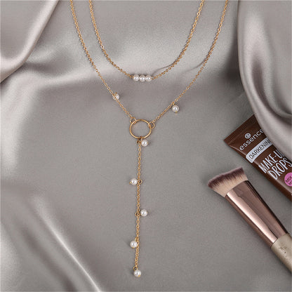 Pearl and 18K Gold-Plated Lariat Necklace, gold pendant necklace for women, dainty minimalist design, side view