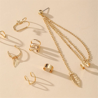 18K Gold-Plated Leaf Star Cuff Earring Set, gold drop earrings for women, botanical inspired, detail close-up