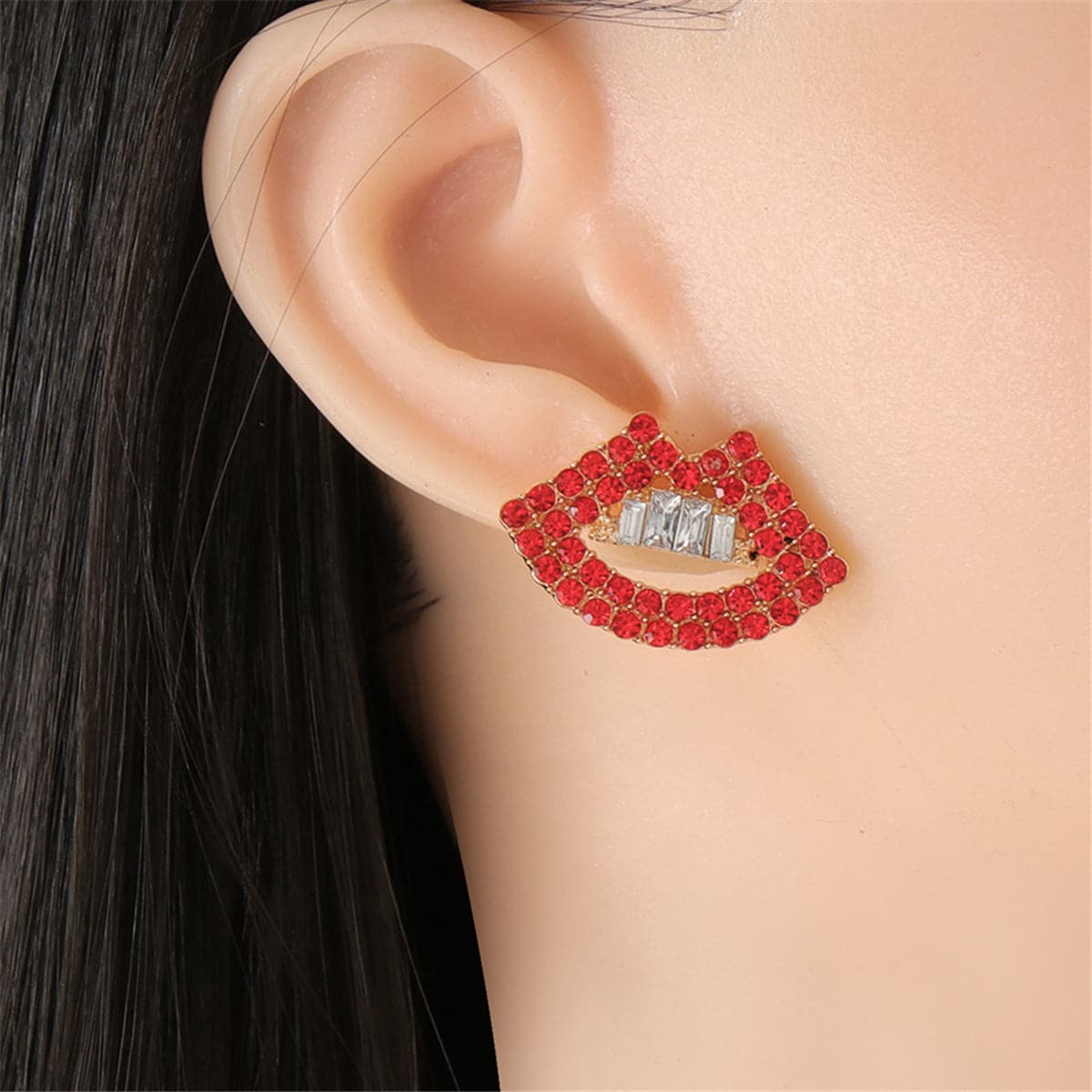 Red Cubic Zirconia & 18K Gold-Plated Lips Stud Earrings