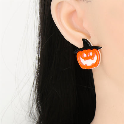 Orange Acrylic and Silver-Plated Pumpkin Witch Stud Earrings, silver stud earrings for women, everyday style, detail close-up