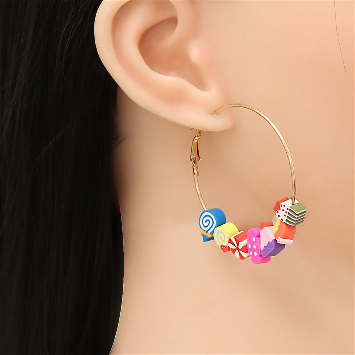 Pink Polymer Clay & 18K Gold-Plated Multi-Hued Food Beads Hoop Earrings