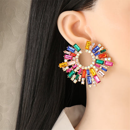 Multicolor Cubic Zirconia and 18K Gold-Plated Hola Round Stud Earrings, gold stud earrings for women, front view