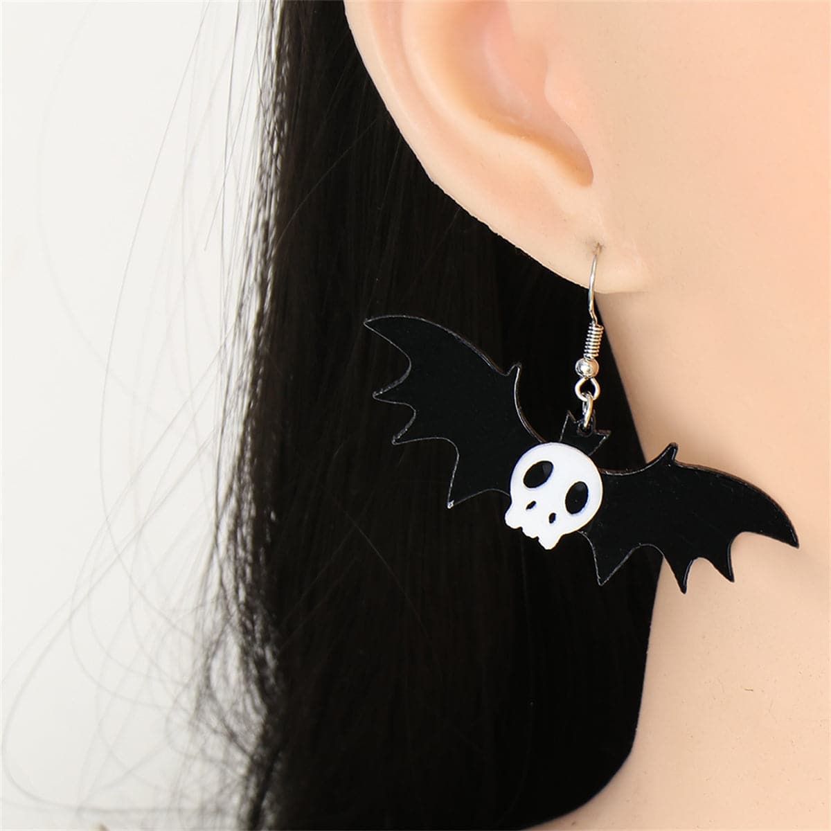 Black Acrylic and Silver-Plated Bat Drop Earrings, silver drop earrings for women, vintage-inspired design, detail close-up
