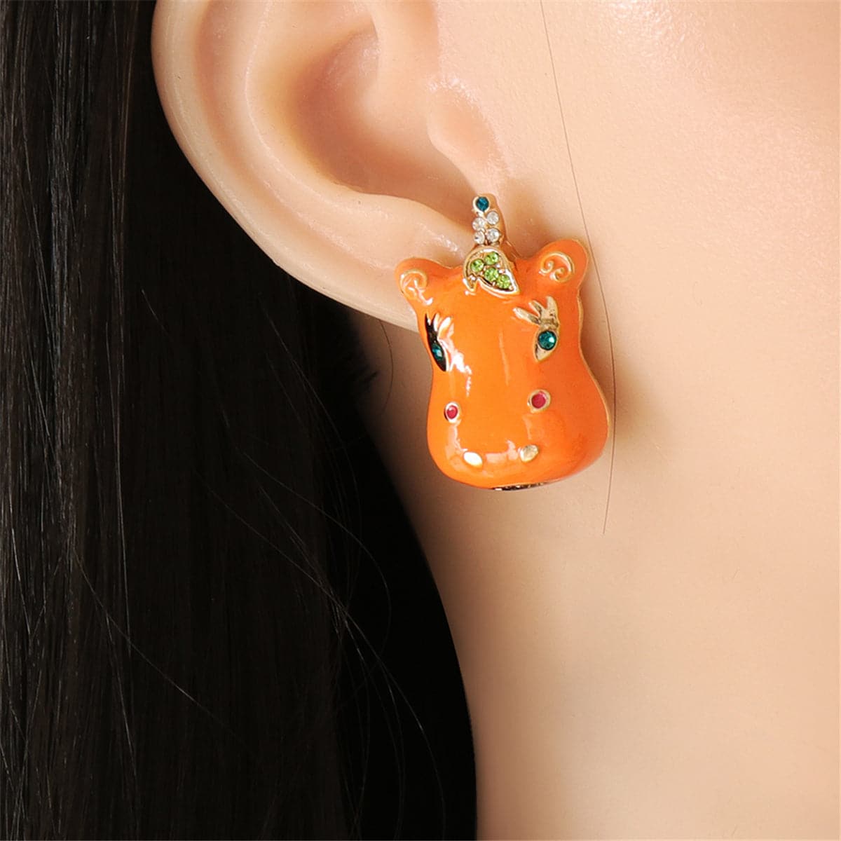 Cubic Zirconia & Enamel 18K Gold-Plated Horse Stud Earrings
