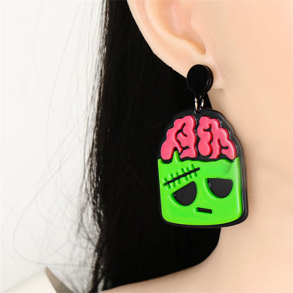 Green Acrylic and Silver-Plated Zombie Drop Earrings, silver drop earrings for women, everyday style, detail close-up