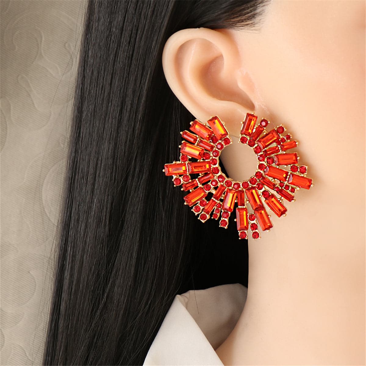 Red Cubic Zirconia & 18K Gold-Plated Abstract Stud Earrings